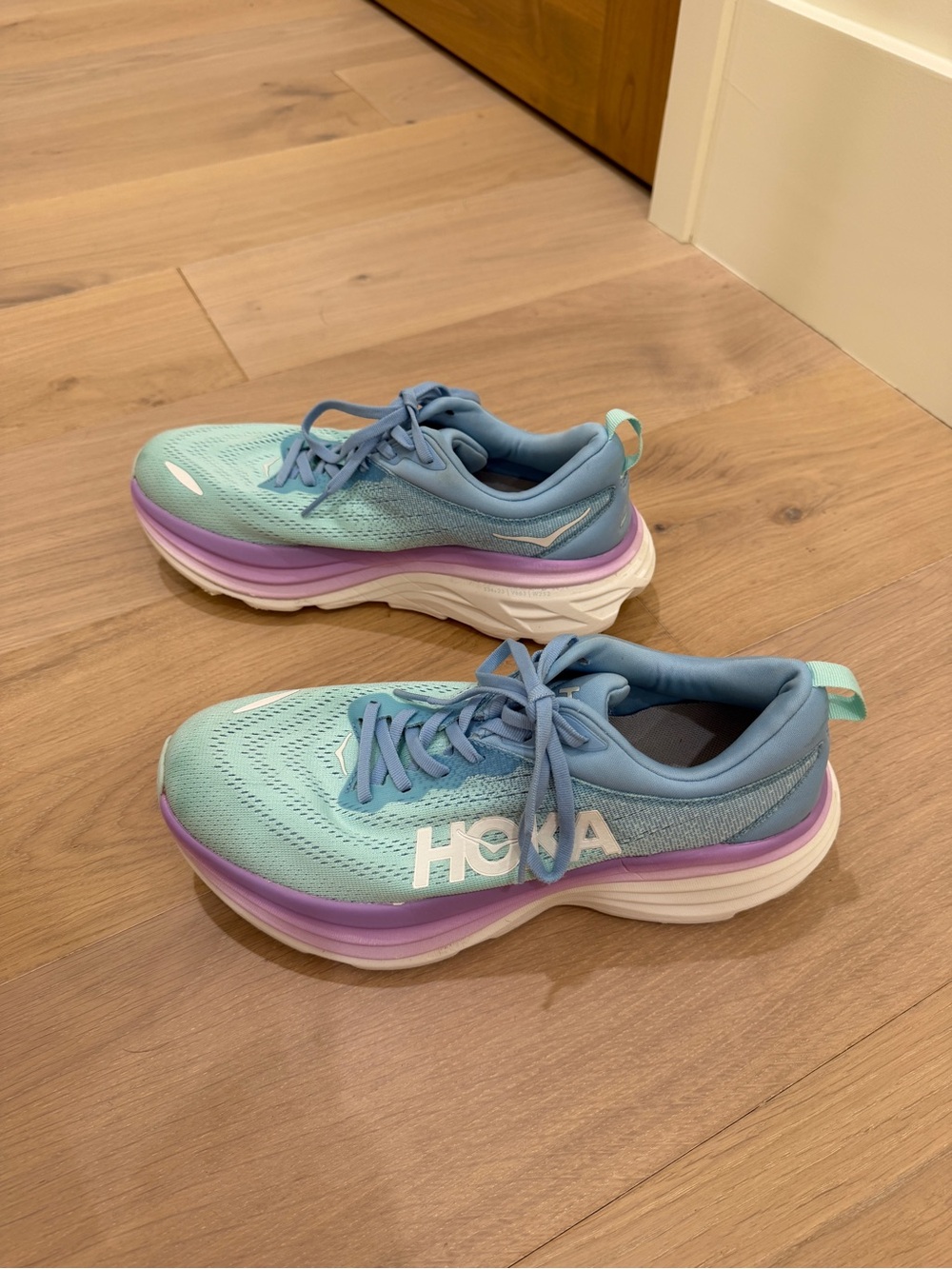 Hoka Women's Mint Green and Light Blue Running Shoes with Purple Midsole